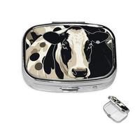 Pastillero pequeño organizador de medicamentos con 2 compartimentos, pastillero de vaca moteada en blanco y negro para bolsillo o bolso, mini pastillero de metal, contenedor portátil de viaje para
