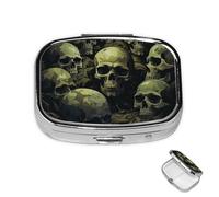 Pastillero pequeño organizador de medicamentos con 2 compartimentos, patrón de camuflaje de calavera, para bolsillo o bolso, mini pastillero de metal, contenedor portátil de viaje para guardar
