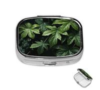 Pastillero pequeño organizador de medicamentos con 2 compartimentos, patrón de hojas verdes, pastillero para bolsillo o bolso, mini pastillero de metal, contenedor portátil de viaje para guardar