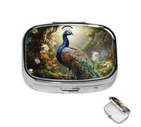 Pastillero pequeño organizador de medicamentos con 2 compartimentos, pavo real en el árbol, pastillero para bolsillo o bolso, mini pastillero de metal, contenedor portátil de viaje para guardar