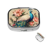 Pastillero pequeño organizador de medicamentos con 2 compartimentos, pavo real y flores, pastillero para bolsillo o bolso, mini pastillero de metal, contenedor portátil de viaje para guardar
