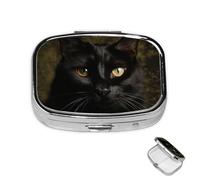 Pastillero pequeño organizador de medicamentos con 2 compartimentos, un pastillero de gato negro para bolsillo o bolso, mini pastillero de metal portátil para guardar suplementos y vitaminas