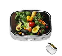 Pastillero pequeño organizador de medicamentos con 2 compartimentos, varios vegetales, pastillero para bolsillo o bolso, mini pastillero de metal, contenedor portátil de viaje para guardar suplementos