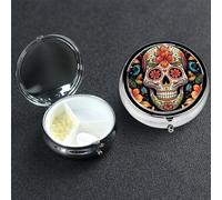 Pastillero pequeño organizador de medicamentos con 3 compartimentos, colorido diseño de calavera de azúcar para bolsillo o bolso, mini pastillero de metal, contenedor portátil para pastillas de viaje
