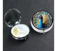 Pastillero pequeño organizador de medicamentos con 3 compartimentos, hermoso estuche de píldoras de pavo real para bolsillo o bolso, mini soporte de pastillas de metal, contenedor portátil para