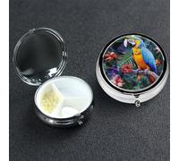 Pastillero pequeño organizador de medicamentos con 3 compartimentos para pájaros tropicales tropicales para bolsillo o bolso, mini pastillero de metal portátil, contenedor de pastillas de viaje para