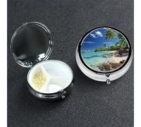 Pastillero pequeño organizador de medicamentos con 3 compartimentos, pastillero de paraíso tropical para bolsillo o bolso, mini pastillero de metal, contenedor portátil para pastillas de viaje para