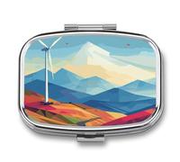 Pastillero plano con ilustración de molino de viento con 2 compartimentos, pastillero portátil con espejo para bolso de bolsillo, viaje, mini organizador de medicamentos de metal para vitaminas y