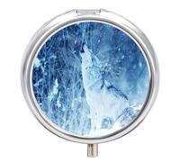 Pastillero Portátil Aullido Del Lobo De Nieve Pastillero Con 3 Rejillas, Con Espejo Redondo, Distribuidor De Metal A De Humedad, Caja De Almacenamiento, Regalo Único