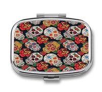 Pastillero Portátil Black Mexican Sugar Skull With Rose Compartimentos De La Caja De Pastillas 2 Con El Regalo Único A De Humedad De La Caja De Almacenamiento Del Dispensador Del