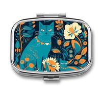Pastillero portátil con 2 compartimentos Cat in The Wild con espejo para bolso de bolsillo, mini organizador de medicamentos de metal para vitaminas y aceite de pescado