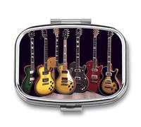 Pastillero portátil con 2 compartimentos de la colección Guitar Collection, pastillero portátil con espejo para bolso de bolsillo, organizador de medicamentos de metal para vitaminas y aceite de