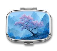 Pastillero portátil con 2 compartimentos, diseño de árbol azul con montañas, organizador de píldoras de viaje para bolso de bolsillo