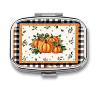 Pastillero portátil con 2 compartimentos, diseño de calabazas de otoño, hojas verdes, organizador de pastillas de viaje para bolso de bolsillo