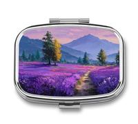 Pastillero portátil con 2 compartimentos, diseño de campo de lavanda con montañas, organizador de píldoras de viaje para bolso de bolsillo