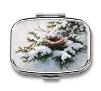 Pastillero portátil con 2 compartimentos, diseño de nido de pájaro en el árbol de hoja perenne