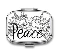 Pastillero portátil con 2 compartimentos, diseño de paz y flores, color negro y blanco, organizador de pastillas de viaje para bolso de bolsillo