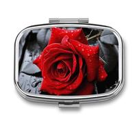 Pastillero portátil con 2 compartimentos, diseño de rosa roja, pastillero portátil con espejo para bolso de bolsillo, viaje, mini organizador de medicamentos de metal para vitaminas y aceite de