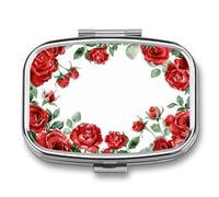 Pastillero portátil con 2 compartimentos, diseño de rosas rojas, hojas verdes, color acuarela, organizador de pastillas de viaje para bolso de bolsillo