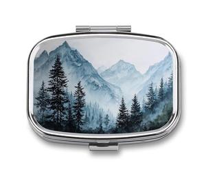 Pastillero portátil con 2 compartimentos para medicina de montaña, diseño de bosque perenne, organizador de pastillas de viaje para bolso de bolsillo