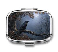 Pastillero portátil con 2 compartimentos para medicina Raven on The Branch of Oak Tree, organizador de pastillas de viaje para bolso de bolsillo