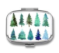Pastillero portátil con 2 compartimentos para medicina y monedero, diseño de árbol de pino, acuarela, verde y azul