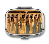 Pastillero portátil con 2 compartimentos para mujeres en el antiguo Egipto, pastillero portátil con espejo para bolso de bolsillo, viaje, mini organizador de medicamentos de metal para vitaminas y