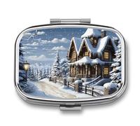 Pastillero portátil con 2 compartimentos para Navidad, invierno, con espejo, para viajes, mini organizador de medicamentos de metal para vitaminas, aceite de pescado