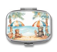 Pastillero portátil con 2 compartimentos, paraguas de playa y oso, pastillero portátil con espejo para bolso de bolsillo, viaje, mini organizador de medicamentos de metal para vitaminas y aceite de