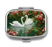 Pastillero portátil con 2 compartimentos Swans in The Lake Rose, organizador de pastillas de viaje para bolso de bolsillo
