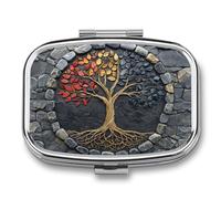 Pastillero portátil con diseño de árbol de la vida con hojas, con 2 compartimentos, organizador de pastillas de viaje para bolso de bolsillo
