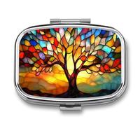 Pastillero portátil con diseño de árbol de vidrieras con hojas coloridas, 2 compartimentos, organizador de pastillas de viaje para bolso de bolsillo