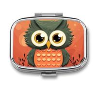 Pastillero portátil con diseño de búho de dibujos animados sobre fondo naranja, 2 compartimentos, pastillero portátil con espejo para bolso de bolsillo, viaje, mini organizador de medicamentos de