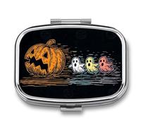 Pastillero portátil con diseño de calabaza de Halloween, tres fantasmas, 2 compartimentos, organizador de pastillas de viaje para bolso de bolsillo