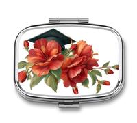 Pastillero portátil con diseño de flores rojas y gorra de graduación, 2 compartimentos, organizador de pastillas de viaje para bolso de bolsillo