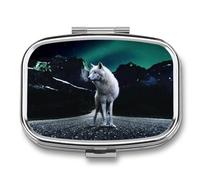 Pastillero portátil con diseño de lobo polar blanco y luces Aurora, organizador de pastillas de viaje, pastillero para bolsillo de bolso