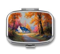 Pastillero portátil con diseño de paisaje otoñal con árbol de casa, 2 compartimentos, organizador de pastillas de viaje para bolso de bolsillo