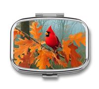 Pastillero portátil con diseño de pájaro rojo sobre árbol de roble y hojas naranjas, 2 compartimentos, organizador de pastillas de viaje para bolso de bolsillo