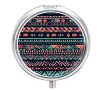 Pastillero portátil con espejo, colorido patrón azteca impreso, 3 compartimentos, organizador de pastillas pequeño, ligero, pastillero de viaje para mujeres y hombres, regalos creativos