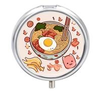 Pastillero portátil con espejo, delicioso ramen dulce impreso, 3 compartimentos, organizador de pastillas pequeño, ligero, de viaje, para mujeres y hombres, regalos creativos