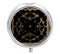 Pastillero portátil con espejo, fondo negro y dorado impreso, 3 compartimentos, organizador de píldoras pequeño, ligero, pastillero de viaje para mujeres y hombres, regalos creativos