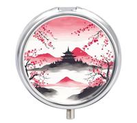 Pastillero portátil con espejo, Monte Fuji con estampado de cereza, 3 compartimentos, organizador de pastillas pequeño, ligero, pastillero de viaje para mujeres y hombres, regalos creativos