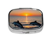 Pastillero portátil con estampado de delfines de puesta de sol, organizador para bolso, bolsillo, regalos de viaje