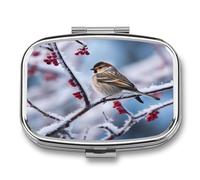 Pastillero portátil con estampado de pájaros y nieve, para guardar vitaminas, medicamentos, aceite de pescado y suplementos