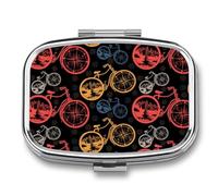 Pastillero portátil con ruedas de bicicleta con brújula y montañas, organizador de pastillas de viaje, pastillero para bolsillo de bolso