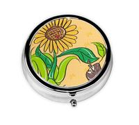 Pastillero portátil, con semillas de girasol y girasoles, mini pastillero redondo, se puede poner en la cartera, bolsillo, ligero y práctico pastillero de 3 compartimentos