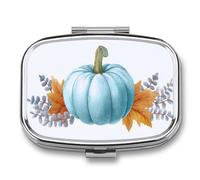 Pastillero portátil de 2 compartimentos con diseño de calabaza azul pastel con hojas de otoño, organizador de píldoras de viaje para bolso de bolsillo