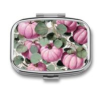 Pastillero portátil de 2 compartimentos con diseño de calabazas rosas y hojas de eucalipto, organizador de pastillas de viaje para bolso de bolsillo