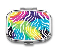 Pastillero portátil de 2 compartimentos con diseño de cebra y leopardo de color arcoíris, organizador de pastillas de viaje para bolso de bolsillo