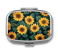 Pastillero portátil de 2 compartimentos con diseño de girasol y hojas verdes, organizador de pastillas de viaje para bolso de bolsillo